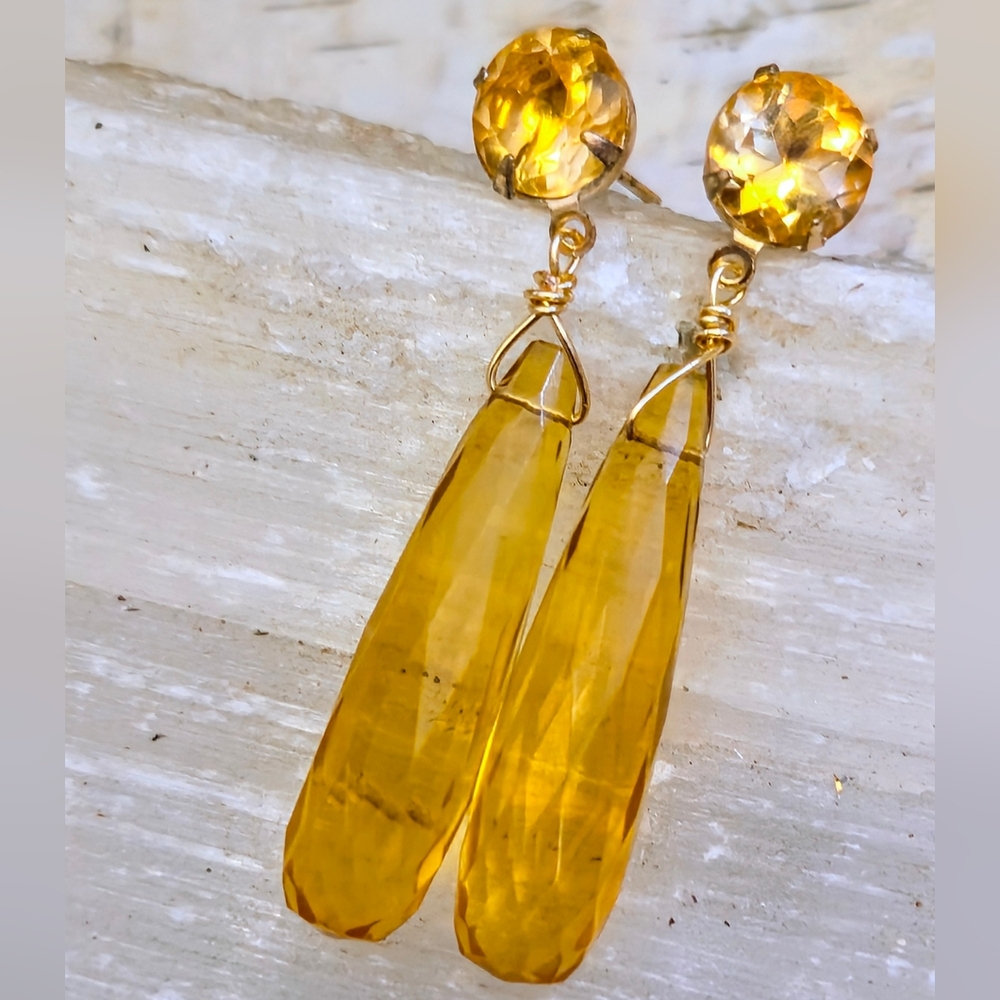 Splendid Natural 3.2 Total Carats Citrine W/ Faceted Citrine Long Drop Earrings